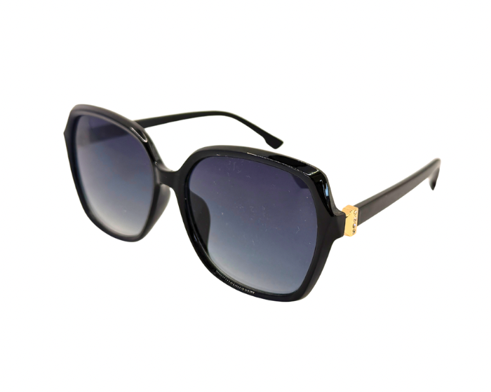 Black sunglasses with a gold accent on a white background
