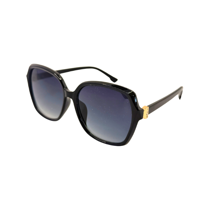 Black sunglasses with a gold accent on a white background