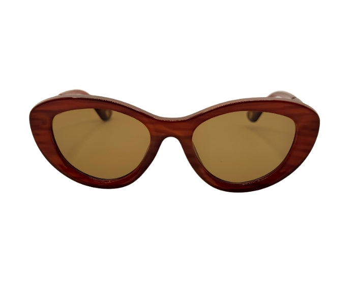 Wooden-framed sunglasses with gold lenses on a white background