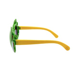 Sunglasses with yellow straps and green frames on white background