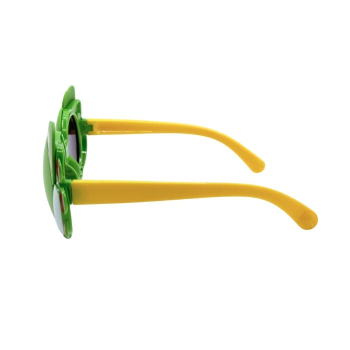 Sunglasses with yellow straps and green frames on white background