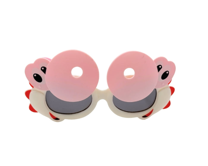Pink sunglasses with cartoon character lenses on a white background