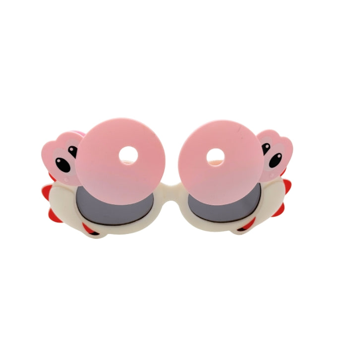 Pink sunglasses with cartoon character lenses on a white background