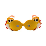 Yellow butterfly-shaped sunglasses with red accents on a white background