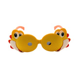 Yellow butterfly-shaped sunglasses with red accents on a white background