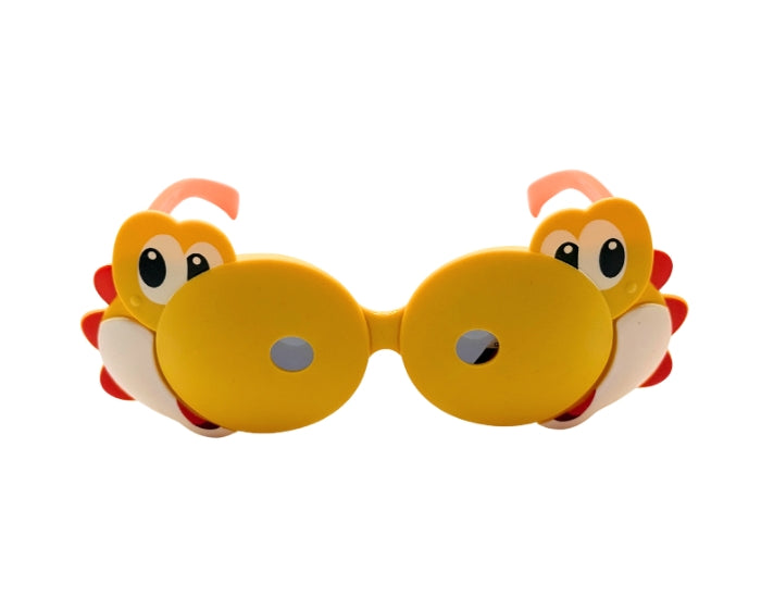 Yellow butterfly-shaped sunglasses with red accents on a white background