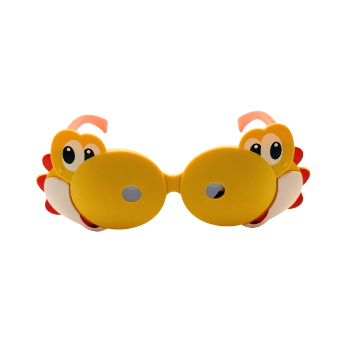 Yellow butterfly-shaped sunglasses with red accents on a white background