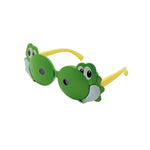 Green frog-shaped sunglasses with yellow arms on a white background