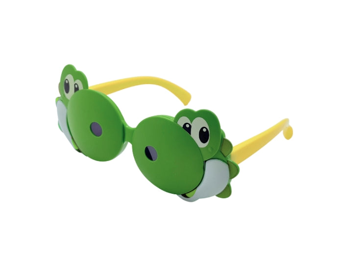 Green frog-shaped sunglasses with yellow arms on a white background