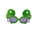 Green frog-shaped sunglasses with yellow arms on a white background