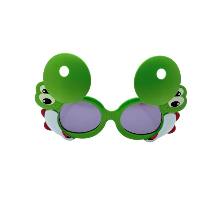 Green frog-shaped sunglasses with yellow arms on a white background