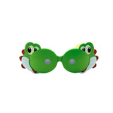 Front side of kids sunglasses with green and white crocodile design on white background
