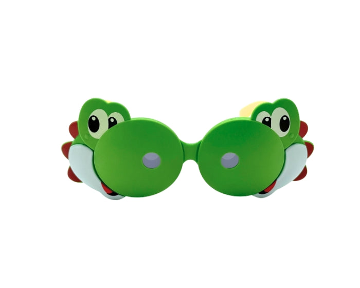 Front side of kids sunglasses with green and white crocodile design on white background
