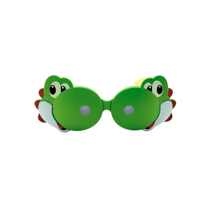 Front side of kids sunglasses with green and white crocodile design on white background

