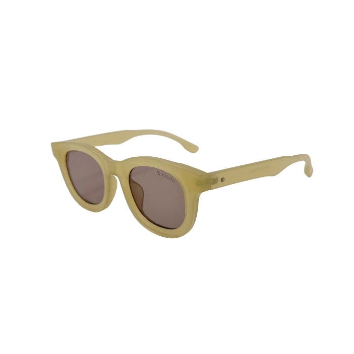 Yellow sunglasses with brown lenses on a white background