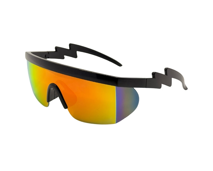 Sunglasses with black frame and colorful lenses on a white background