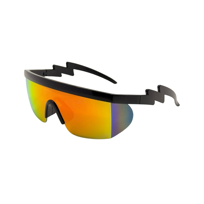 Sunglasses with black frame and colorful lenses on a white background