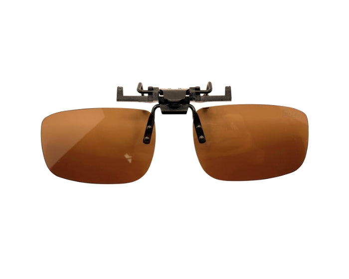 Brown sunglasses with a clip on a white background