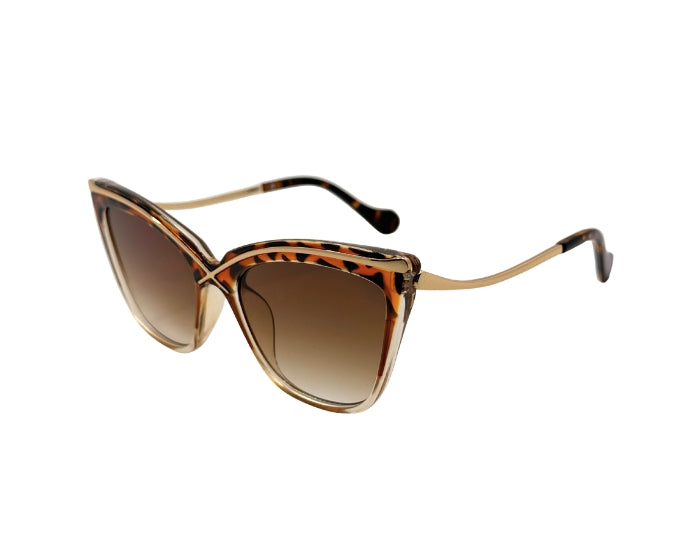 Cat-eye sunglasses with brown gradient lenses and gold frame on a white background