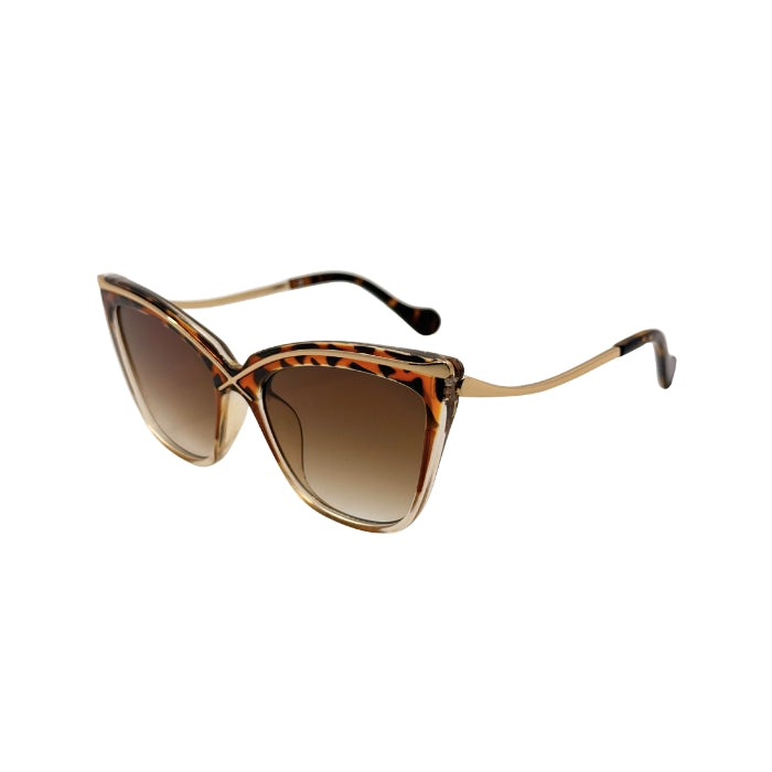 Cat-eye sunglasses with brown gradient lenses and gold frame on a white background