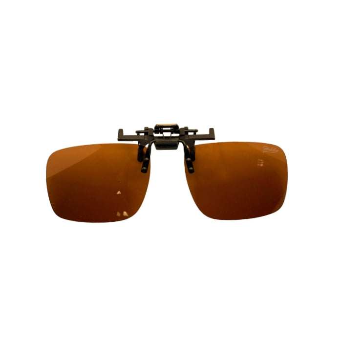 Brown sunglasses with a clip on a white background