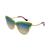 Sunglasses with green and gold frame on a white background