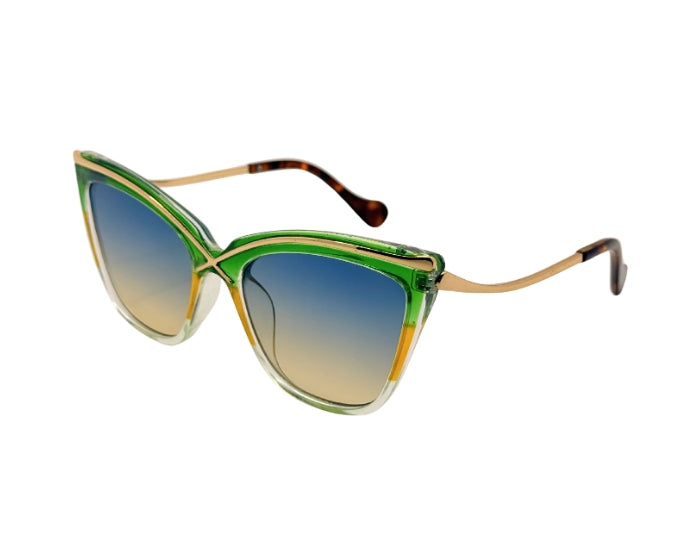 Sunglasses with green and gold frame on a white background