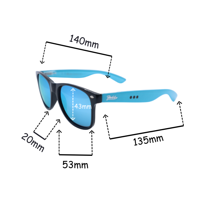 Measurement chart of a pair of sunglasses with dimensions labeled.