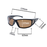 Sunglasses with dimensions labeled on a white background