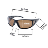Sunglasses with dimensions labeled on a white background