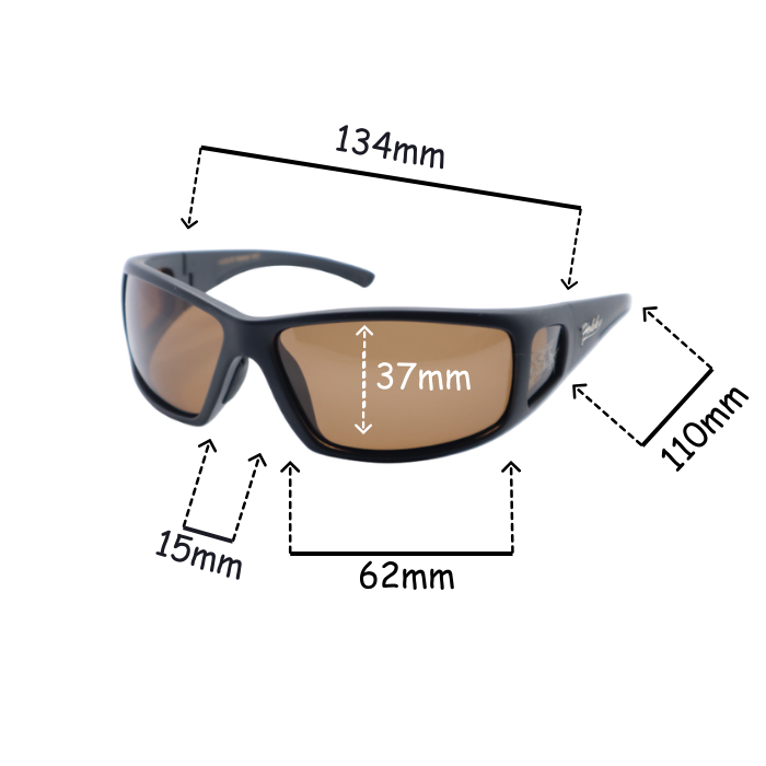 Sunglasses with dimensions labeled on a white background