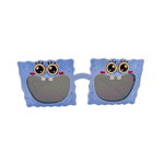 Blue sunglasses with cartoon face design on a white background