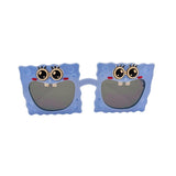 Blue sunglasses with cartoon face design on a white background