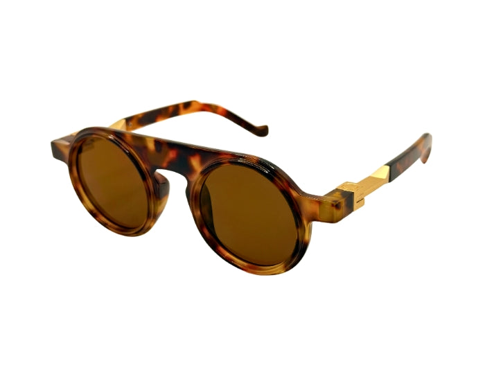Sunglasses with tortoiseshell frame and brown lenses on a white background