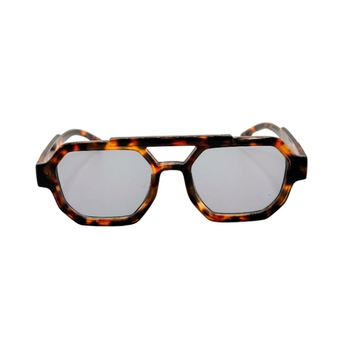 Sunglasses with tortoiseshell frame and reflective lenses on a white background